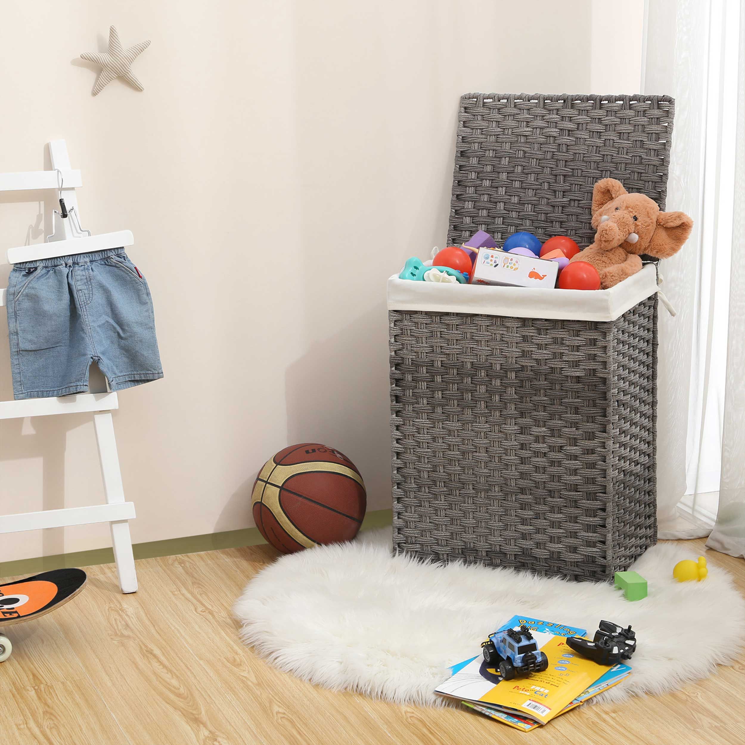 Panier à linge 90L en rotin avec poignées, couvercle et doublure amovible