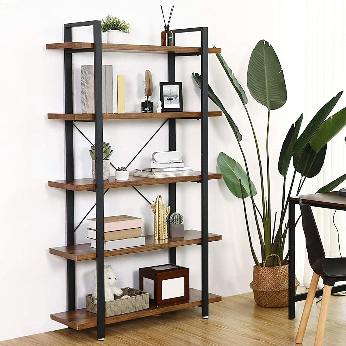 Etagère Zina avec 5 tablettes - brun rustique/noir