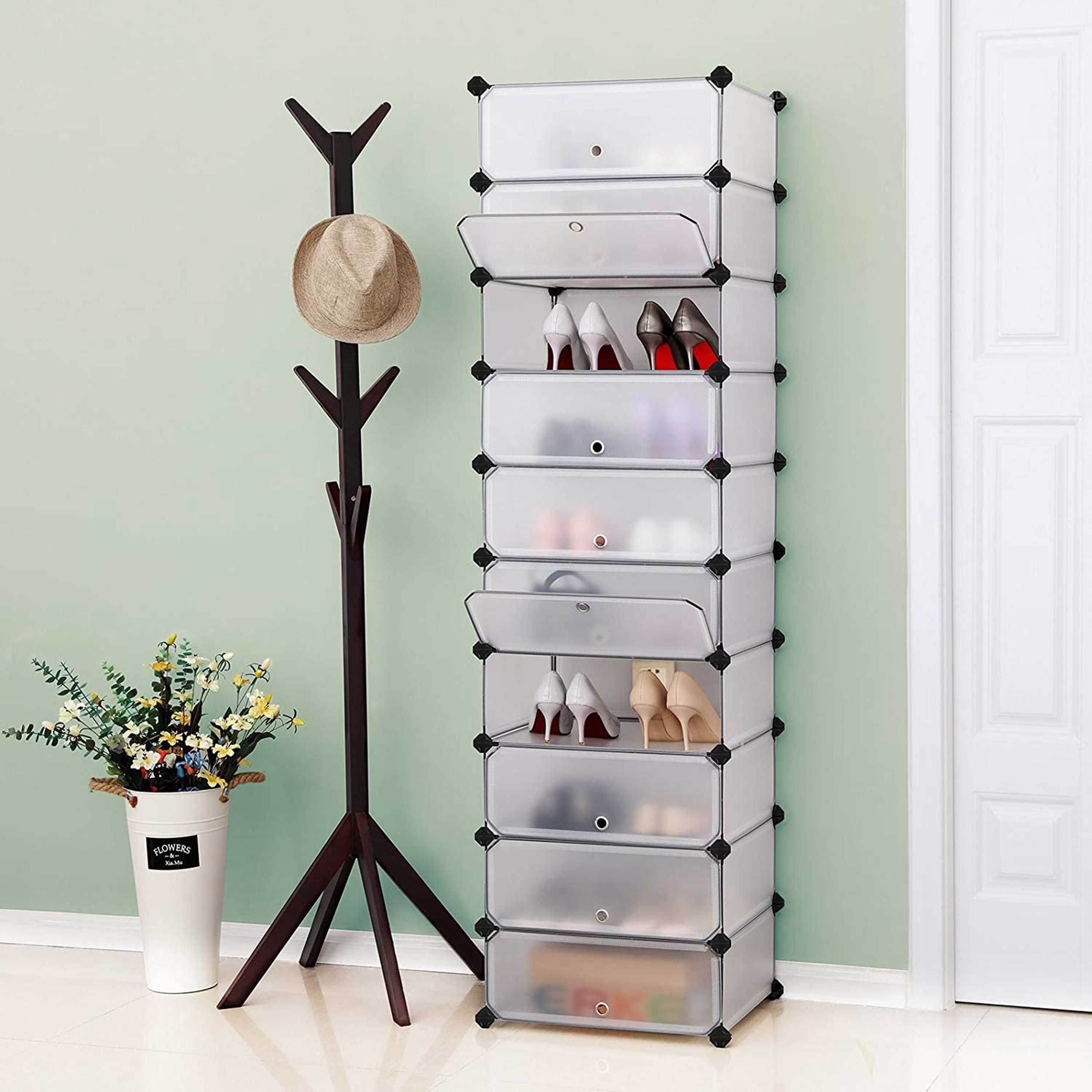 10 Slot Modular DIY Plastic Shoe Rack, Interlocking White Storage Shelf Unit (étagère de rangement blanche à emboîtement)
