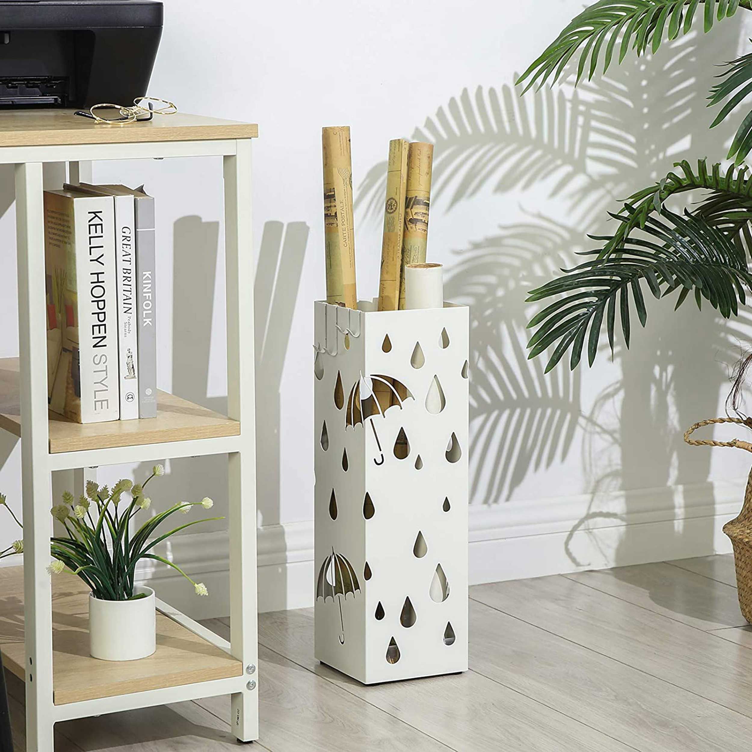 Porte-parapluies en métal avec plateau et crochets 15.5x15.5x49cm Blanc