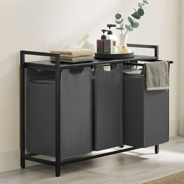 Panier à linge avec étagère Polly | Trois compartiments | 92,5 x 33 x 72 cm | Gris