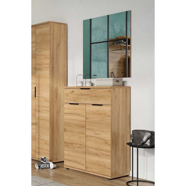Armoire Frodo | Meuble à chaussures, miroir mural | Chêne Navarra