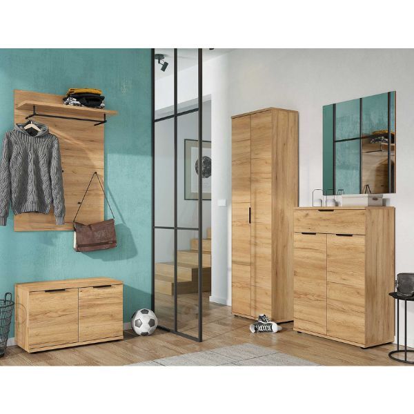 Armoire Frodo | Armoire à chaussures, miroir mural, banc d'entrée, panneau porte-manteau mural, armoire | Chêne de Navarre