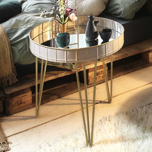 Table d'appoint | Ø51 cm x 50 cm | Blanc doré/verre