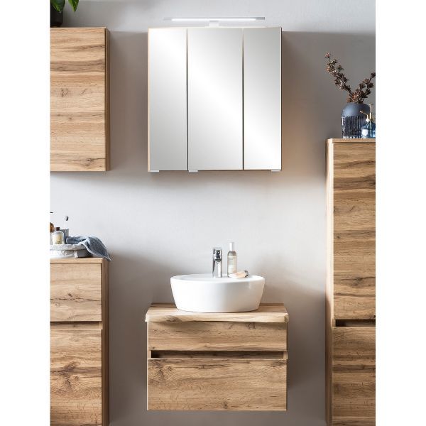 Ensemble de salle de bains Villach | Armoire de toilette et armoire de toilette avec éclairage | Wotan Oak