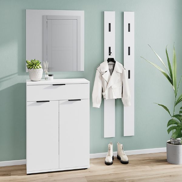 Ensemble armoire Willian | Armoire, miroir mural et deux porte-manteaux muraux | Blanc