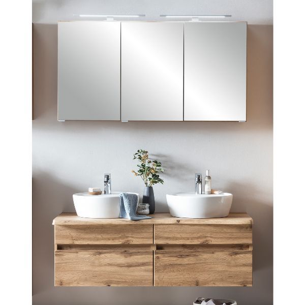 Ensemble de salle de bains Kaprun | Meuble double vasque et armoire de toilette avec éclairage | Chêne Wotan