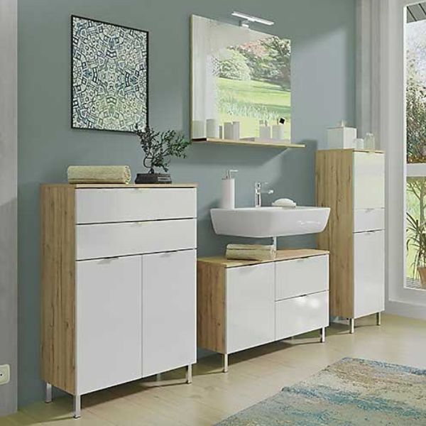 Ensemble de salle de bain Mauro | Meuble lavabo, armoire de toilette, armoire moyenne et armoire latérale | Chêne Grandson