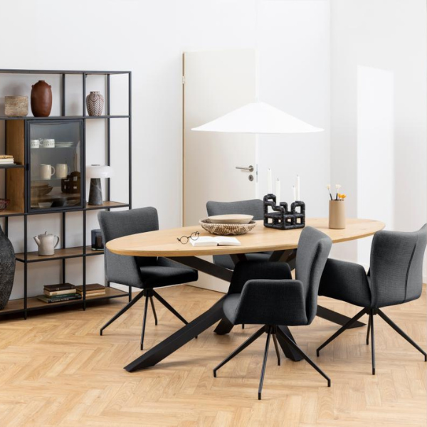 Table de salle à manger ovale en chêne sauvage, base en croix noire, 220x100cm