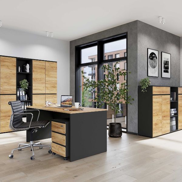 Ensemble de bureau Richy | Bureau, commode, classeurs moyens et grands et étagères | Design chêne-anthracite