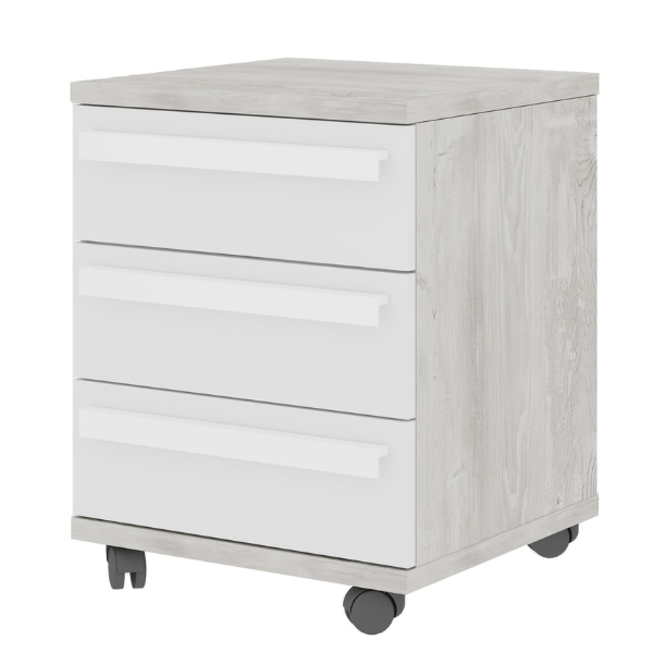 Table de chevet Bo0 avec roulettes, 3 tiroirs et poignée oblongue - pin/blanc