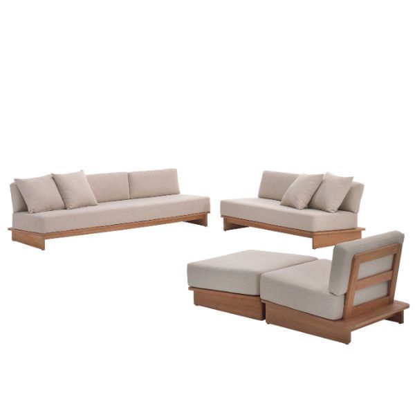 Ensemble salon de jardin Djerba | Canapé trois places, canapé deux places et fauteuil avec repose-pieds | Bois de teck