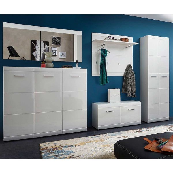 Armoire Allan | Armoire à chaussures, banc d'entrée, miroir mural, panneau mural, armoire | Blanc