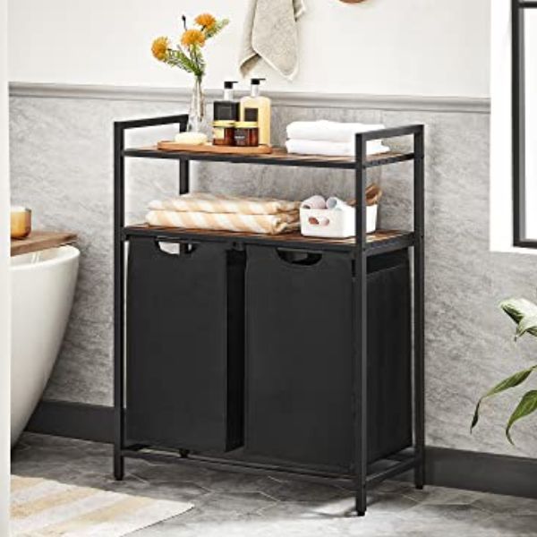Panier à linge avec étagère Polly | Deux compartiments | Noir