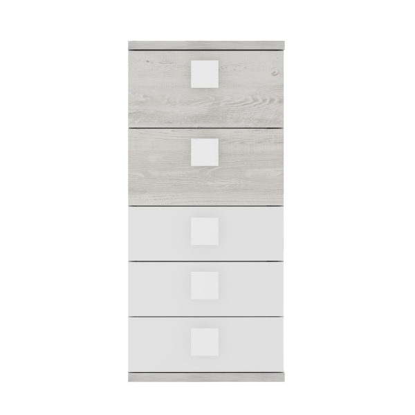 Commode Bo0 98 cm avec 5 tiroirs et poignées carrées - pin/blanc