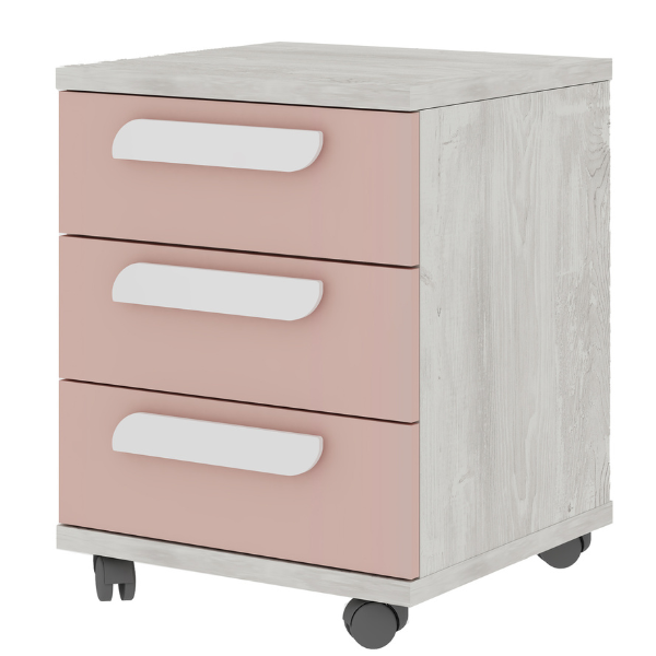 Table de chevet Bo0 avec roulettes, 3 tiroirs et poignée oblongue - pin/rose vieux