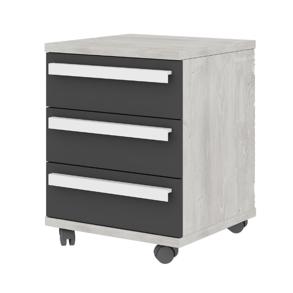 Table de chevet Bo0 avec roulettes, 3 tiroirs et poignée oblongue - pin/anthracite