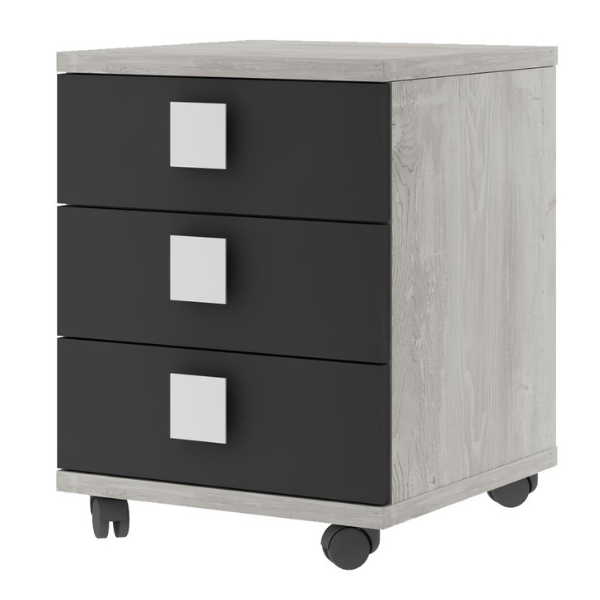 Table de chevet Bo0 avec roulettes, 3 tiroirs et poignée carrée - pin/anthracite