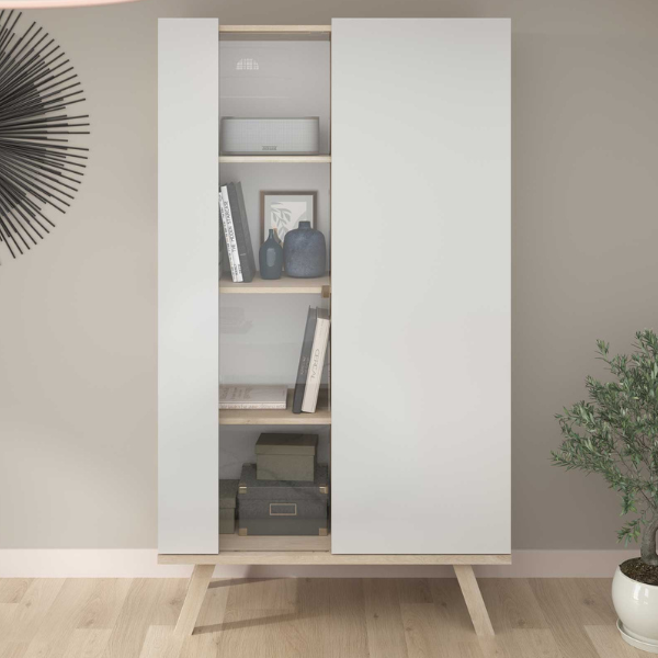 Vitrine Ginger-160cm-2 portes tournantes dont 1 partiellement en verre-blanc/chêne