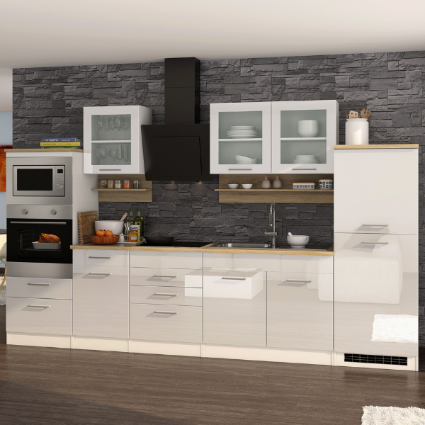 Ensemble de cuisine Mailand | Plaque de cuisson à induction, micro-ondes, four, hotte aspirante, réfrigérateur, évier | High Glossy White
