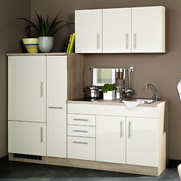 Toronto Cream High-gloss Kitchen Set : Eléments hauts, évier, coulissants, réfrigérateur, table de cuisson - 30/148 Larder