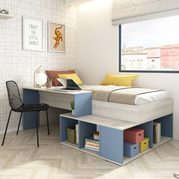 Lit Quinn 90x200 cm avec bureau et rangement - pin/bleu