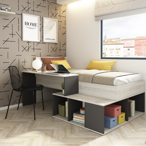 Lit Quinn 90x200 cm avec bureau et rangement - pin/gris