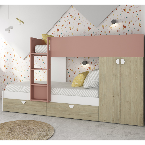 Lit superposé Jip avec armoire et tiroirs - chêne/blanc/rose foncé