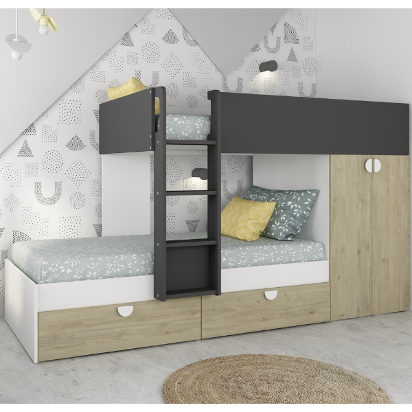 Lit superposé Jip avec armoire et tiroirs - chêne/blanc/gris
