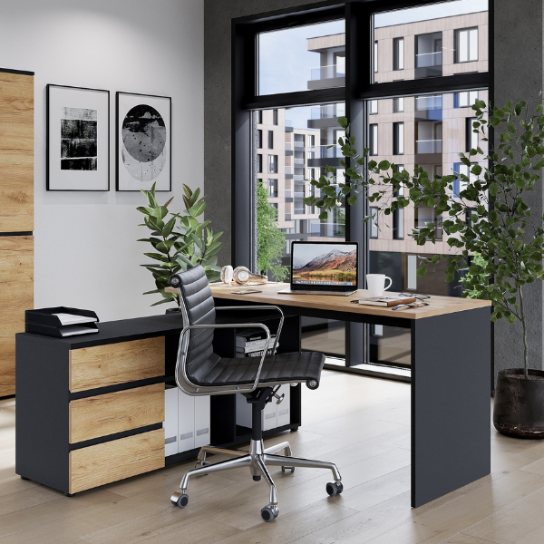 Bureau d'angle Miguel avec espace de rangement - anthracite/jaune