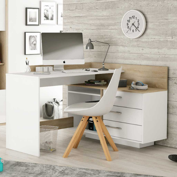 Bureau d'angle Thalita-chêne brossé/blanc mat