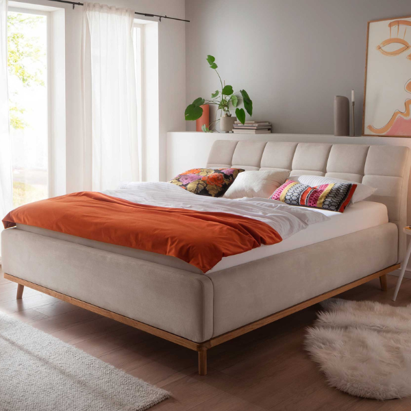 Lit capitonnée Cézanne 180x200cm avec espace de rangement - beige/chêne