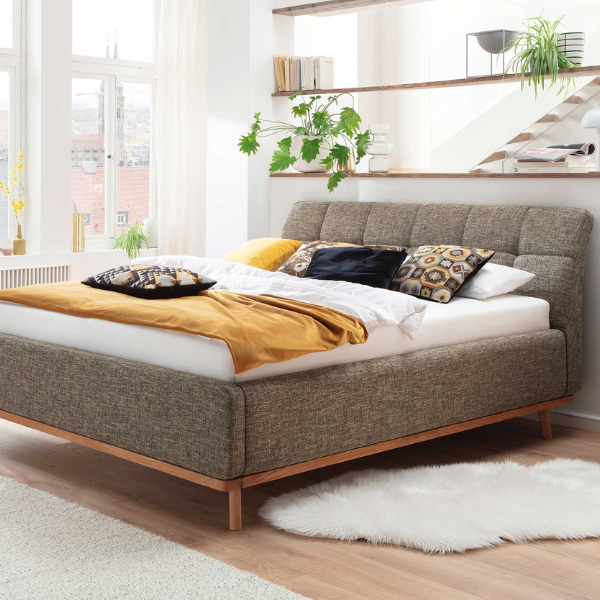 Lit capitonné Cézanne 160x200cm avec espace de rangement - kaki/chêne