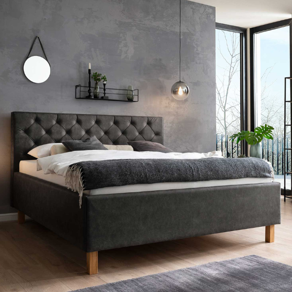 Lit San Marino 160x200cm avec espace de rangement similicuir - anthracite/chêne