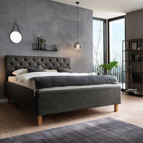 Lit San Marino 180x200cm avec espace de rangement similicuir - anthracite/chêne