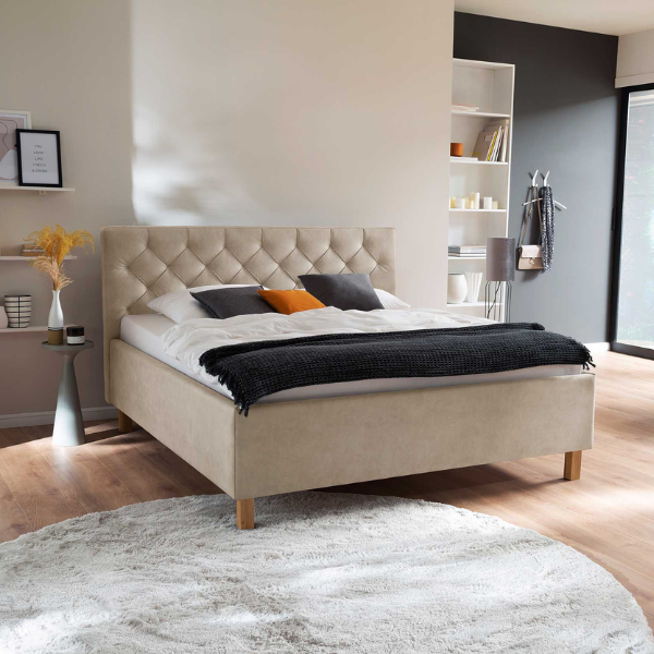 Lit San Marino 160x200cm avec espace de rangement similicuir - beige/chêne