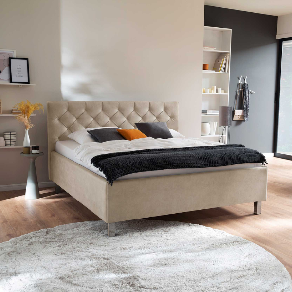 Lit San Marino 160x200cm avec espace de rangement similicuir - beige/chrome