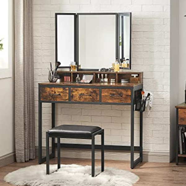 Set de coiffeuse rustique noir/marron avec miroir et tabouret