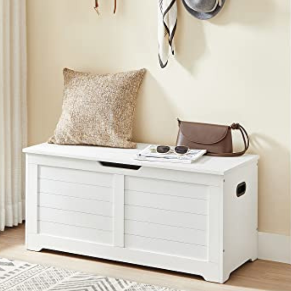 Meuble de rangement moderne blanc avec 2 charnières de sécurité, banc de rangement pour chaussures, 40x100x46cm