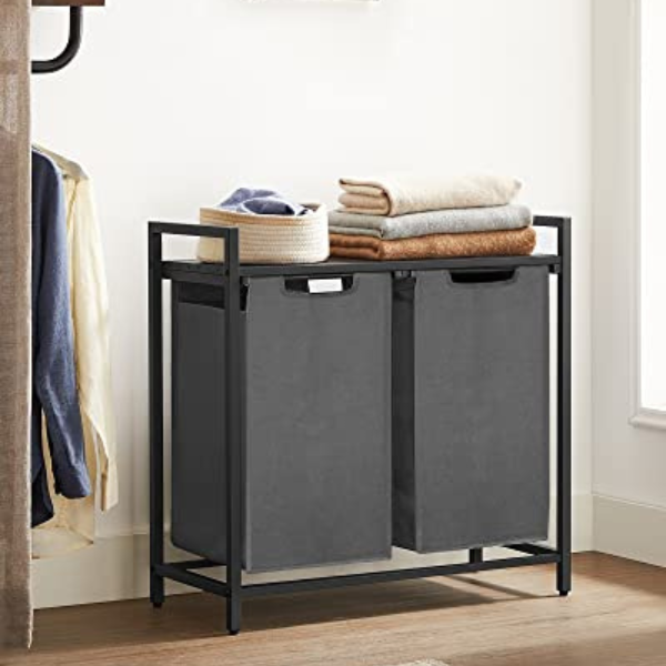 Panier à linge avec étagère Polly | Deux compartiments | Gris