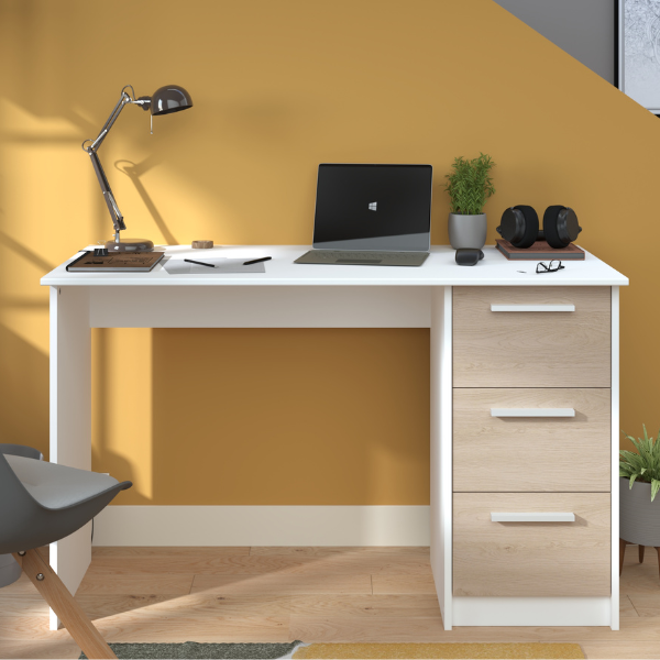Bureau Infino avec 3 tiroirs - blanc/chêne