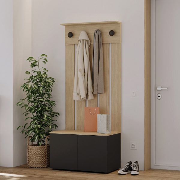 Vestiaire Dorothy 4 crochets, 2 portes tournantes et 2 étagères-noir/chêne clair