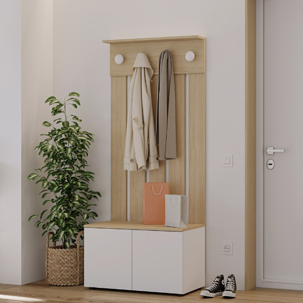 Vestiaire Dorothy 4 crochets, 2 portes tournantes et 2 étagères-blanc/chêne clair