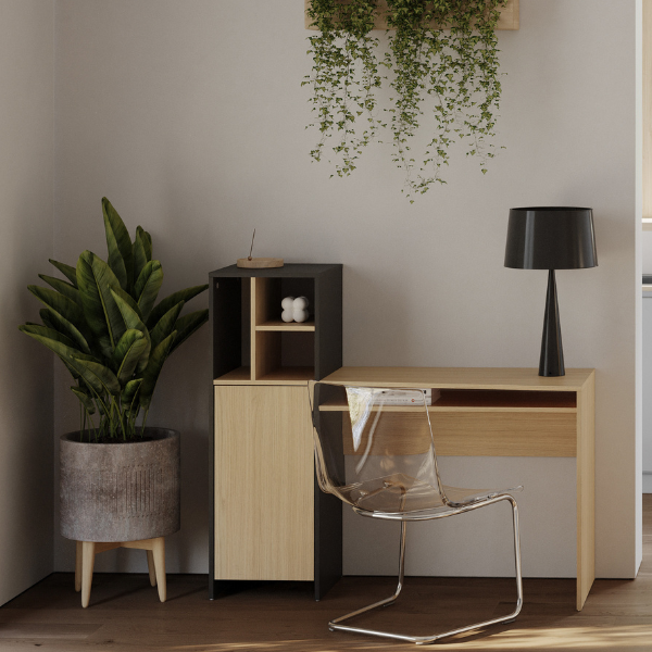 Bureau Michelle 4 niches, 1 porte tournante et 1 étagère-chêne clair/noir