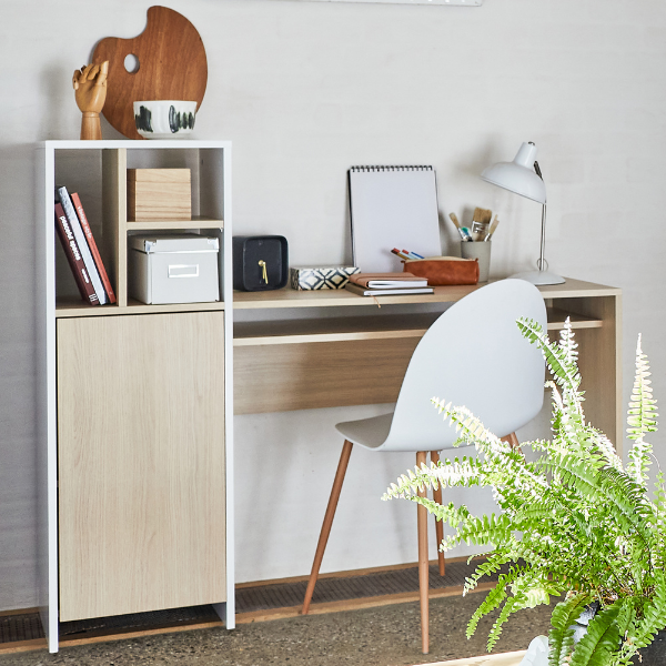 Bureau Michelle 4 niches, 1 porte tournante et 1 étagère-chêne clair/blanc