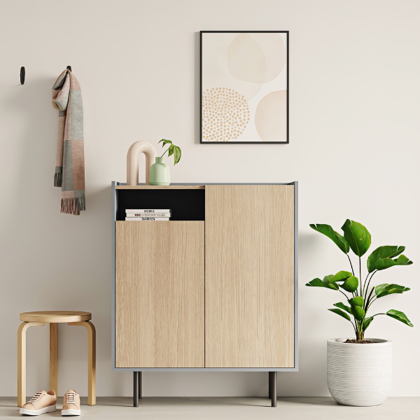 Armoire à chaussures Anjes 2 portes tournantes, 1 niche et 4 étagères-chêne clair/gris céladon