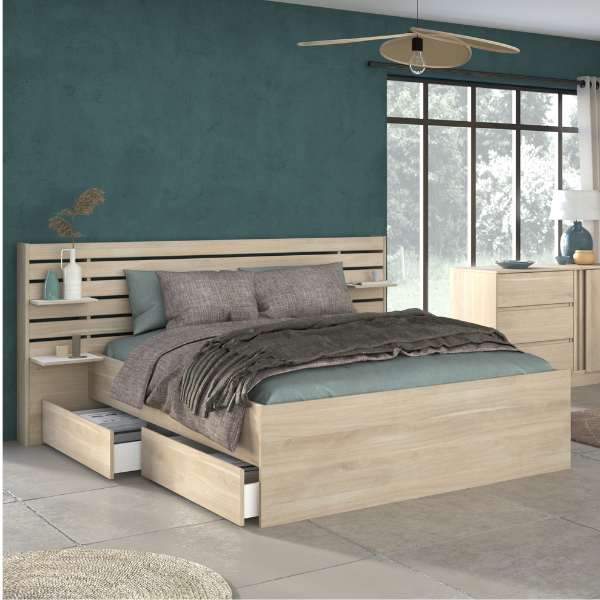 Lit double Tokio 160x200 cm-décor chêne/blanc