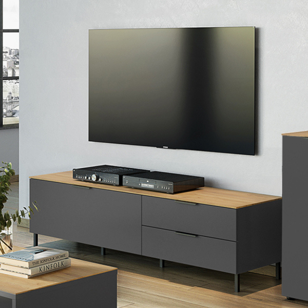 Meuble TV Calista 164cm 1 porte & 2 tiroirs - anthracite/chêne