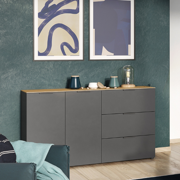 Bahut Calista 151cm 2 portes & 3 tiroirs - anthracite/chêne