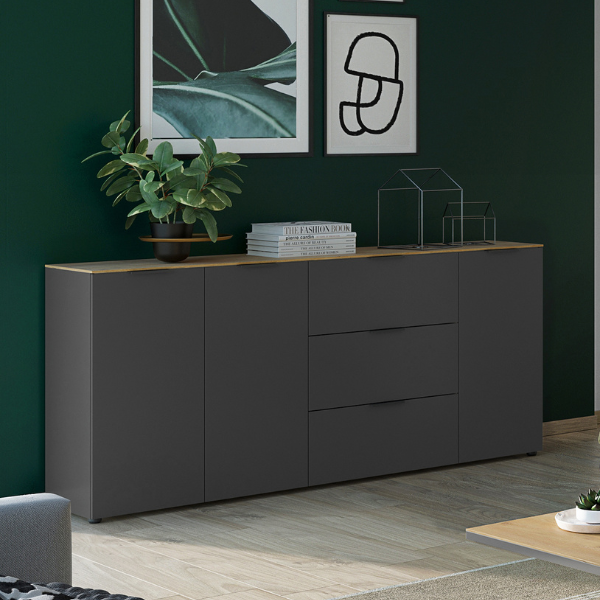 Bahut Calista 192cm 3 portes & 3 tiroirs - anthracite/chêne